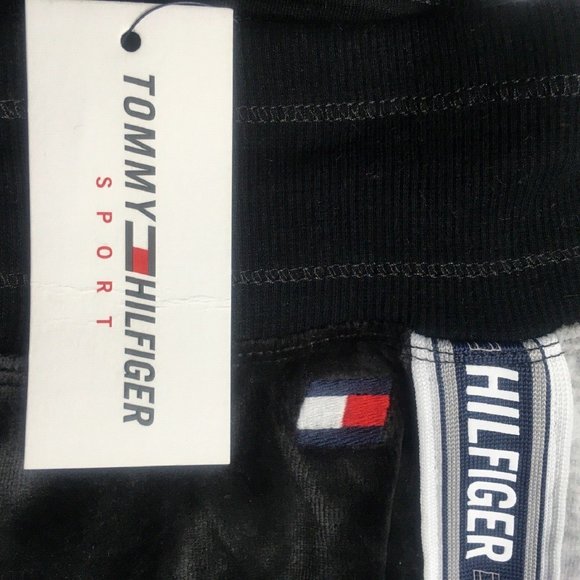 X Small BLACK Tommy Hilfiger Sport Women Athleisure Velour Jogger w/ Logo Taping - Picture 2 of 8
